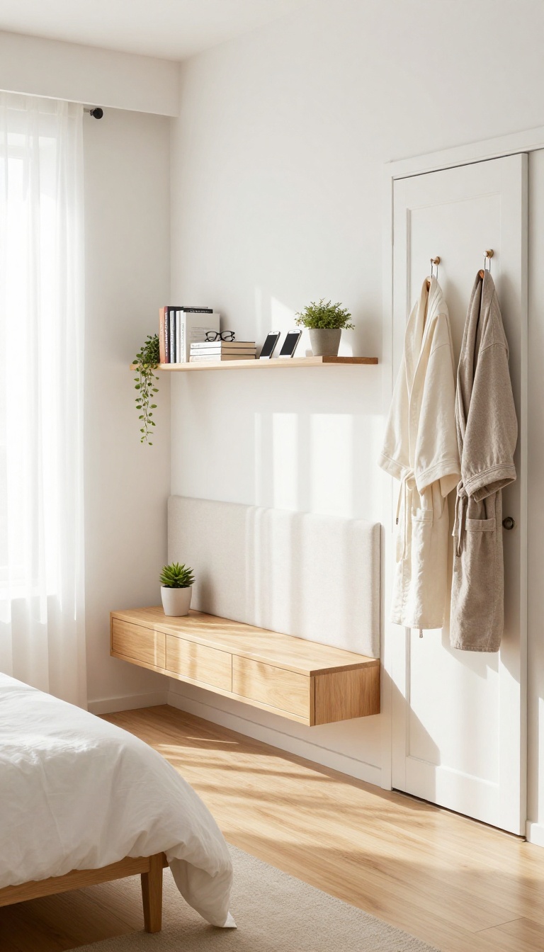 Small couple's bedroom with a floating shelf above the headboard and over-the-door hooks keeping the floor clear