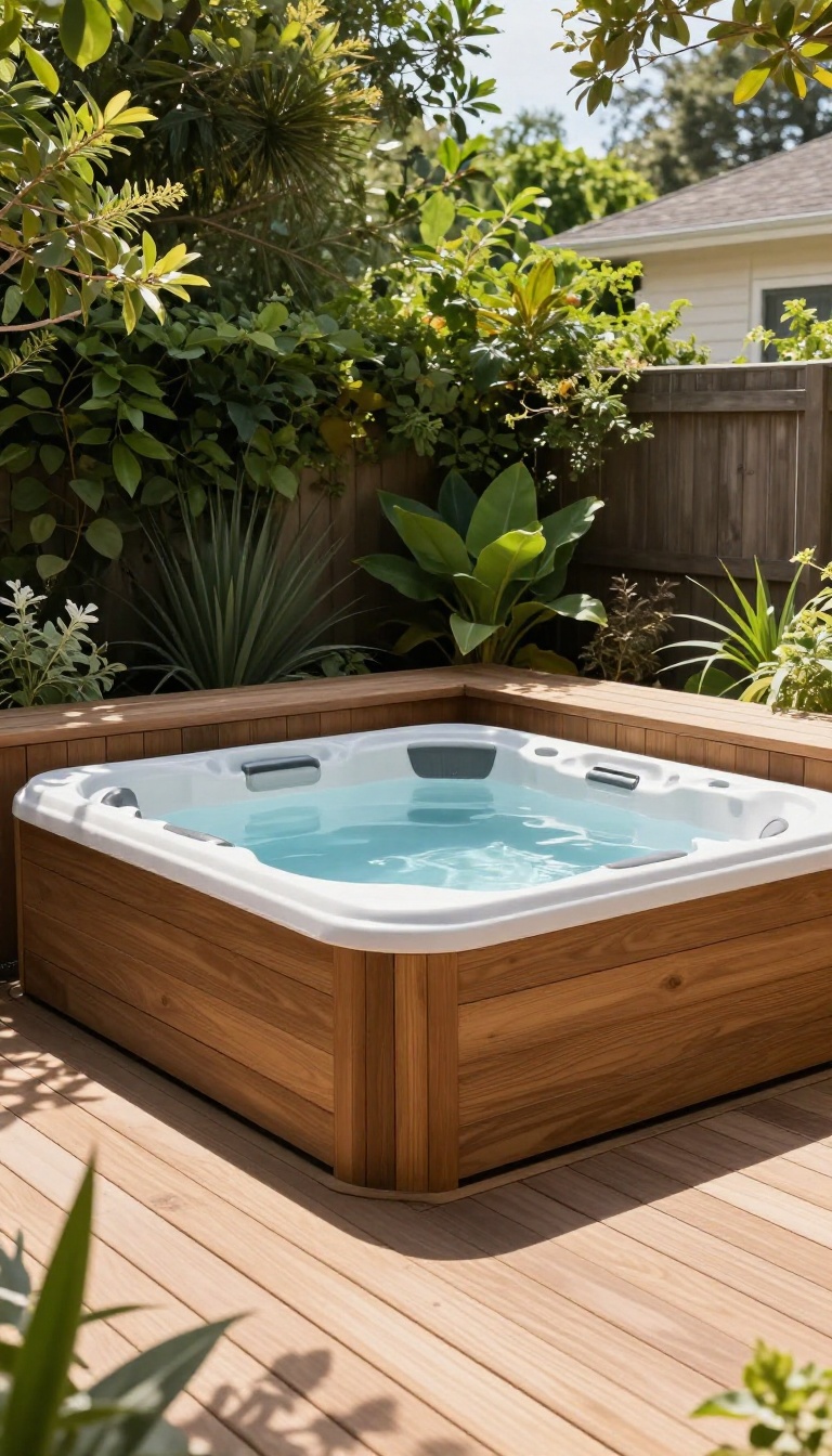 Built-in hot tub with a custom wooden deck surround in a sunny backyard patio, blending seamlessly with the deck and surrounded by greenery.