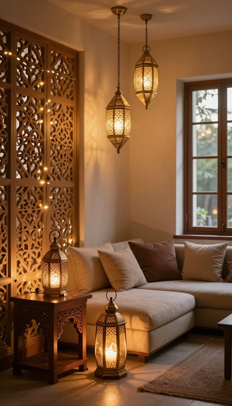 Indian living room at dusk with layered lighting from hanging brass lanterns, fairy lights on a jali screen, and a floor lantern beside low seating