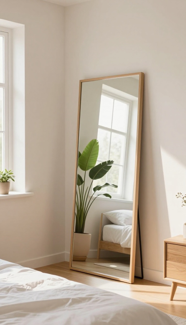 Small bright bedroom with a large frameless mirror leaning opposite a sunny window, reflecting light and a green plant to make the room feel bigger and airier
