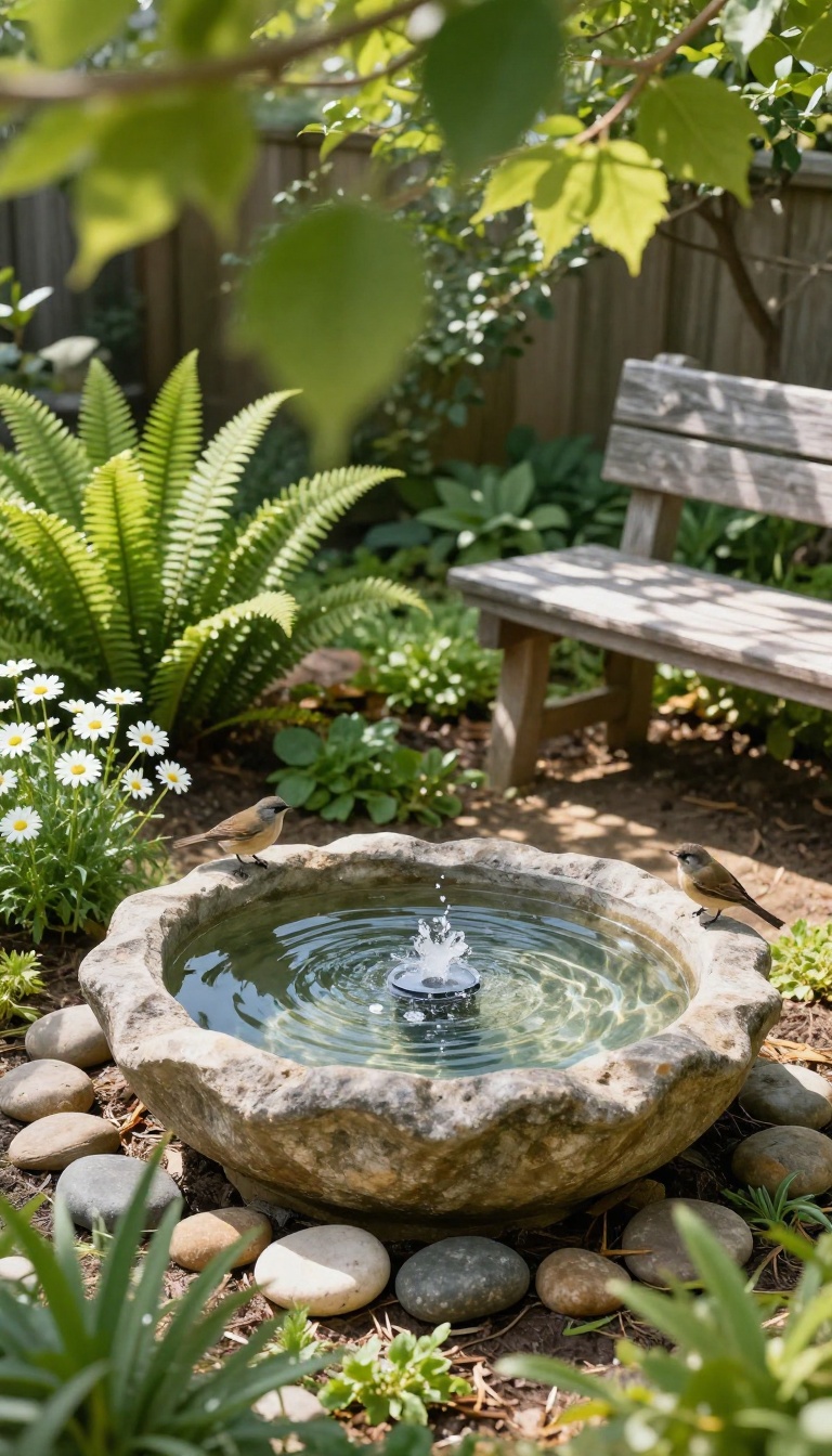 Peaceful backyard memorial garden with a stone birdbath water feature surrounded by flowers, ferns, and a wooden bench in soft natural light