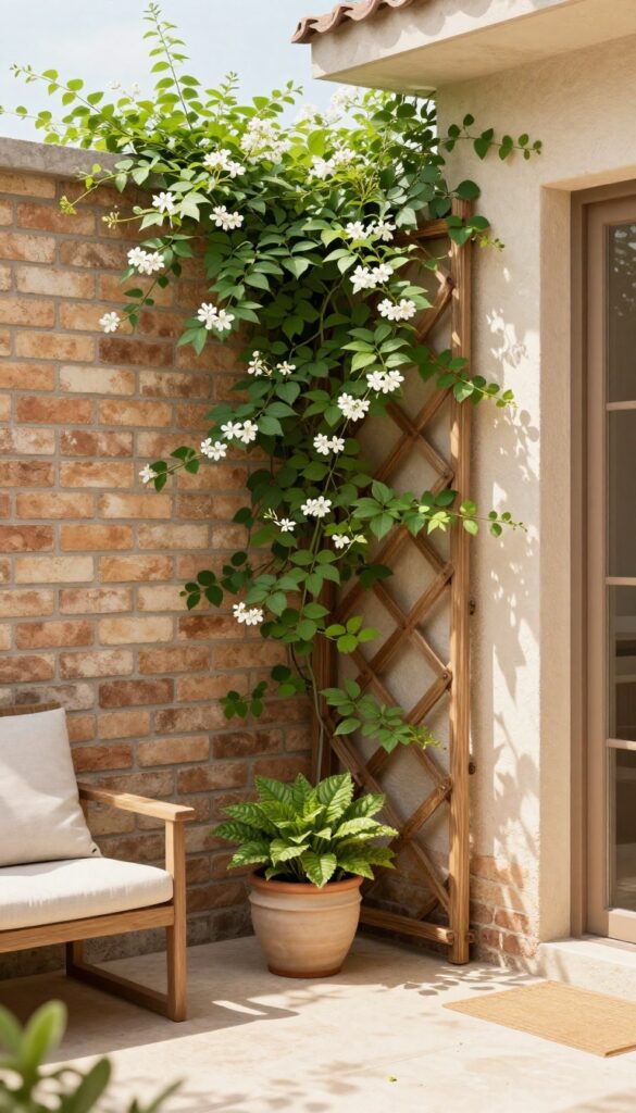 A small patio with a trellis covered in climbing plants providing privacy and shade.