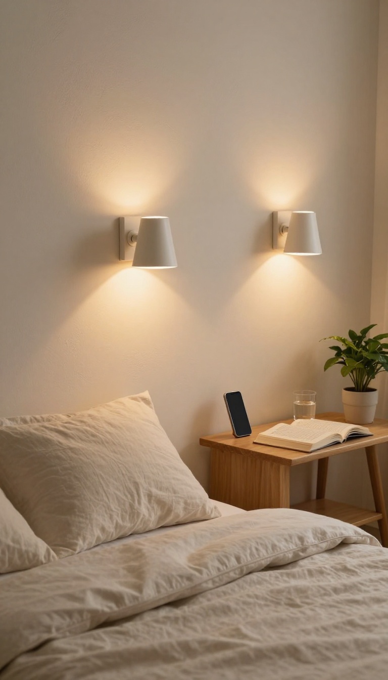 Two adjustable wall sconces on either side of a small couple's bed casting separate warm pools of light, one side softly lit for reading and the other dark for sleep