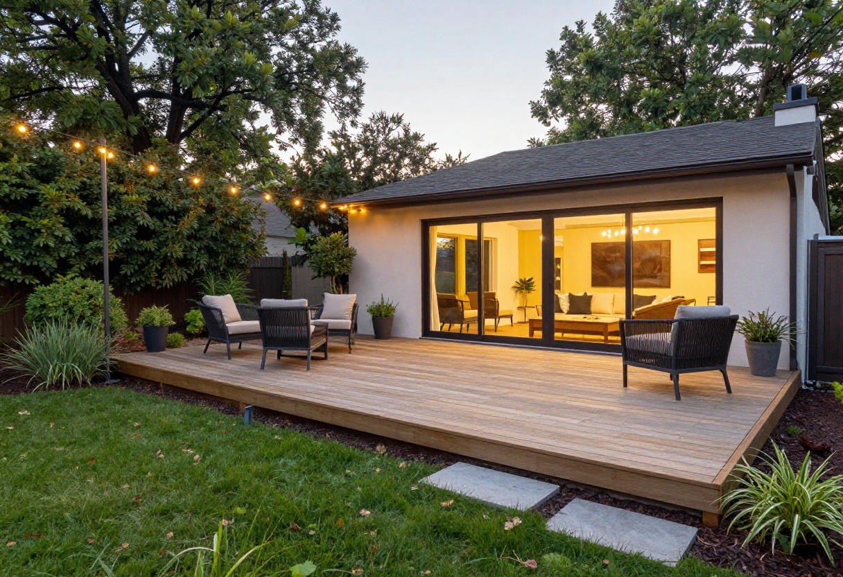 Low wooden deck flowing into a paver patio outside open sliding glass doors at golden hour