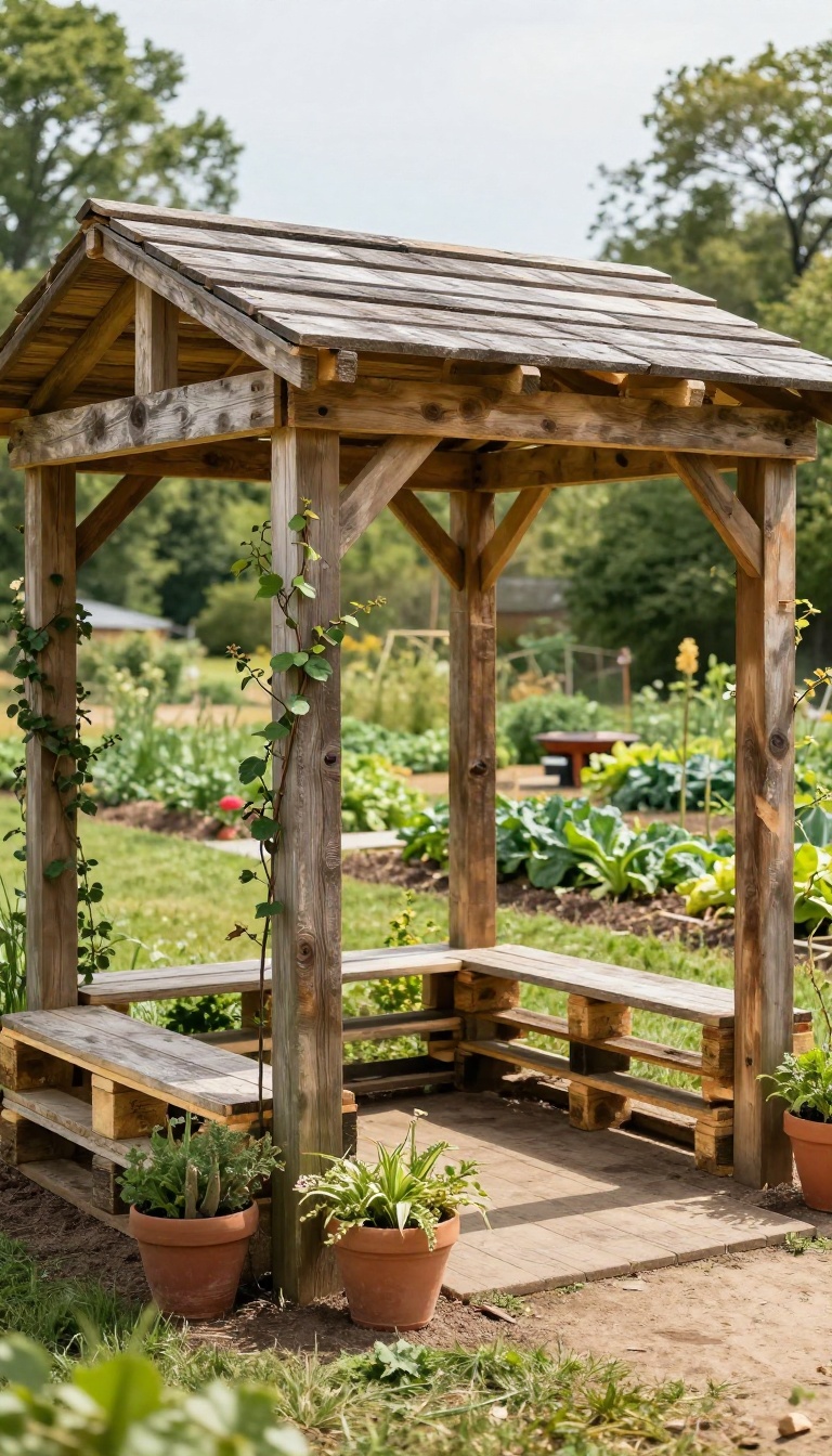 Rustic DIY gazebo made from reclaimed pallet wood standing in a sunny backyard garden with climbing vines and a fire pit nearby