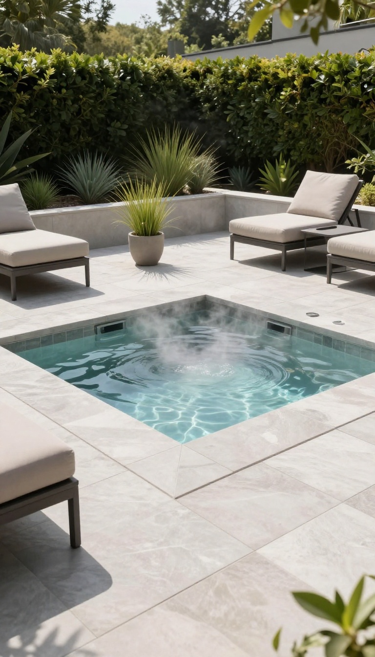 Sunken hot tub set flush with a modern stone patio, blending seamlessly into a backyard lounge area with pavers and greenery