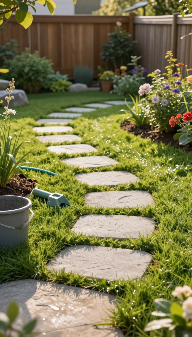 Curved DIY concrete stepping stone path winding through a green backyard lawn from a patio toward a garden bed in bright natural light