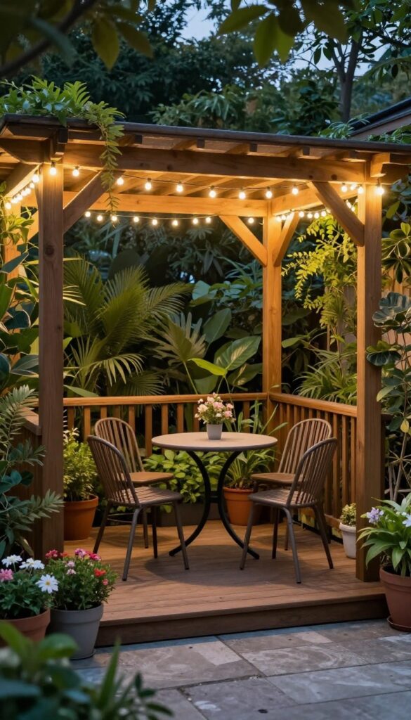 A cozy corner patio with a wooden pergola adorned with warm string lights, a bistro table and chairs, surrounded by greenery.