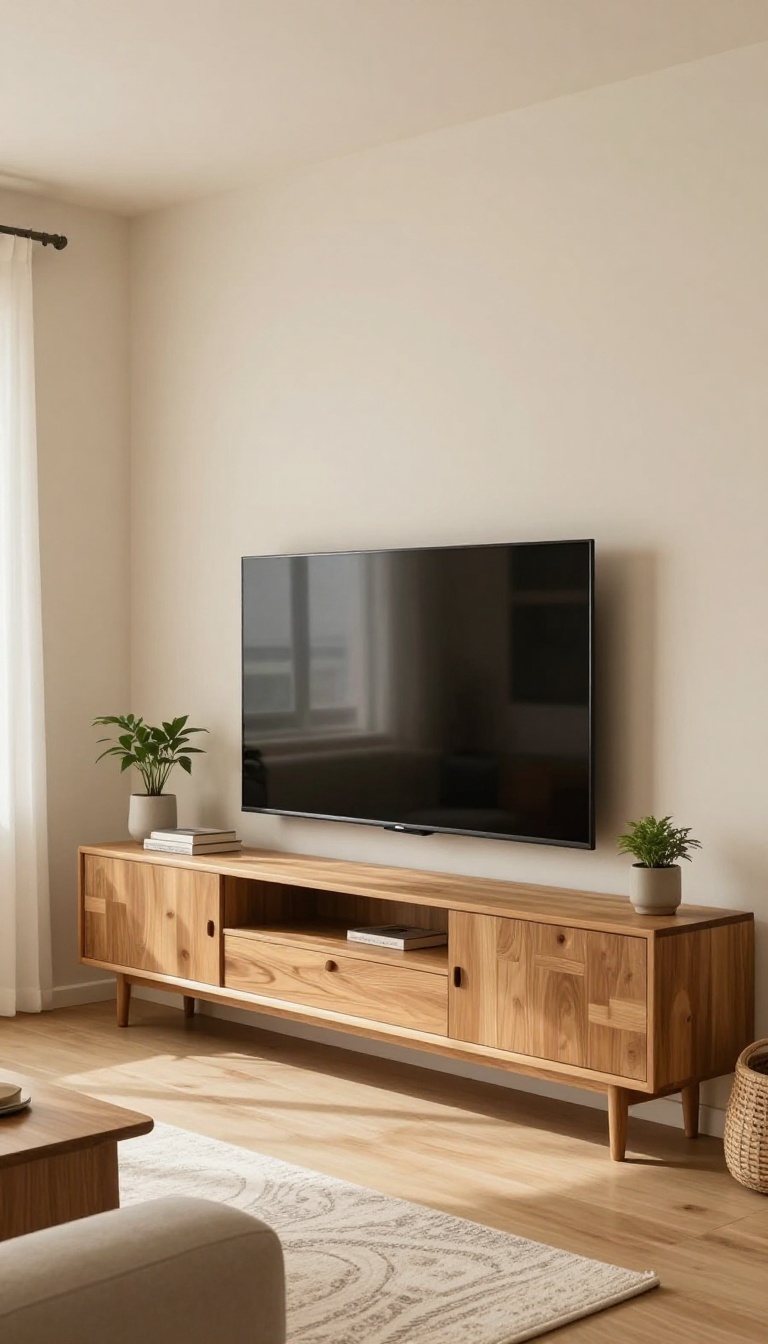 Small Indian living room with wall-mounted TV and floating console with storage