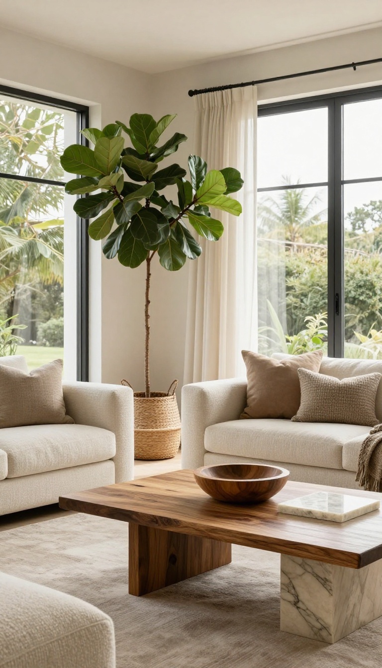 Luxury living room with a fiddle leaf fig in a woven basket, live-edge wood coffee table, and travertine accents adding natural warmth