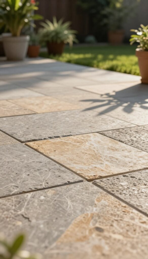 Close-up of a stamped concrete overlay patio floor with natural stone pattern in warm gray and tan tones, surrounded by blurred green garden background, bright natural light.