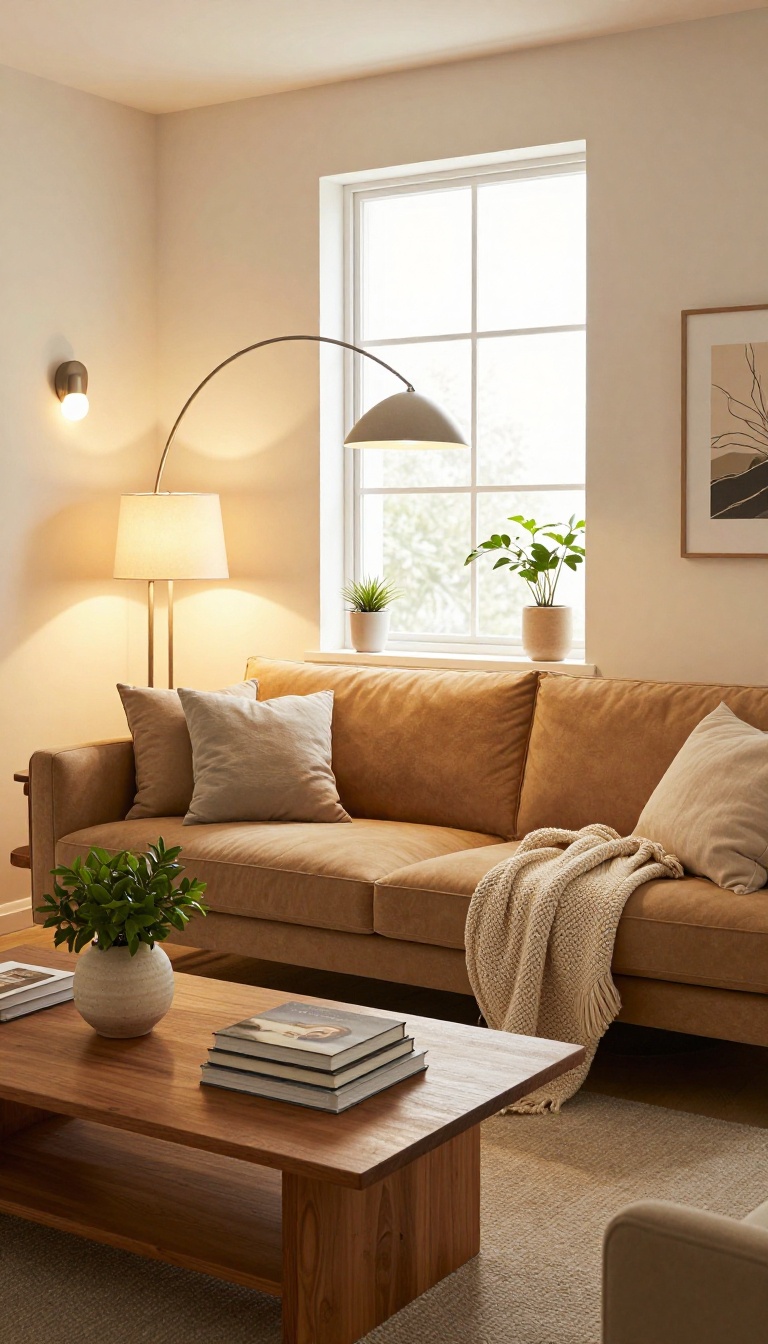 Tan couch living room with mixed lighting sources including floor lamp, table lamps, and wall sconces