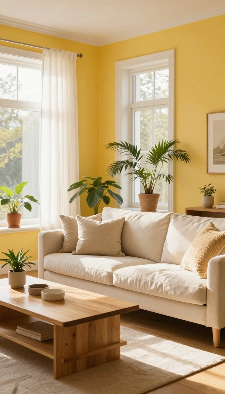 Sunlit living room with warm buttery yellow walls, white trim, wood furniture, and green plants creating a cozy, airy space