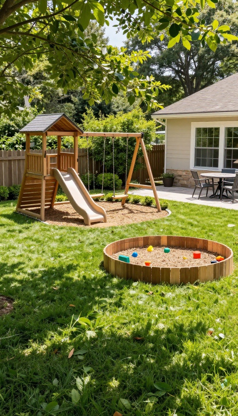 Backyard kids play zone with a wooden swing set, sandbox, and climbing structure surrounded by a low fence and shrubs on a sunny day