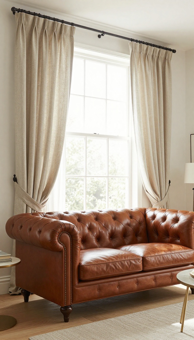 Bright living room with a cognac leather Chesterfield sofa beside a tall window framed by light oatmeal linen curtains that filter soft sunlight across the tufted upholstery