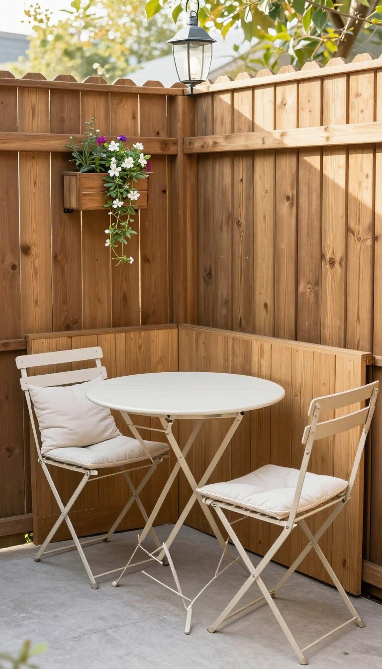 Fold-down bistro set for two mounted on a backyard fence with cushions and a hanging lantern in bright natural light