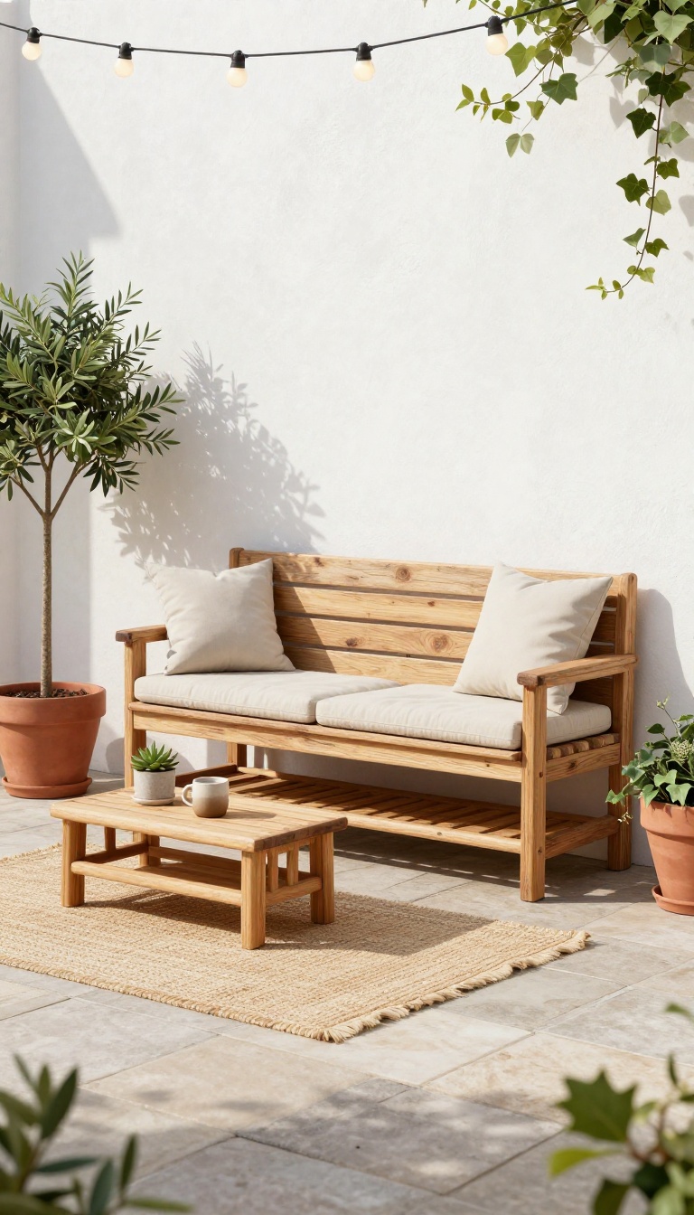 Small patio with a storage bench, nesting tables, and convertible seating in bright natural light