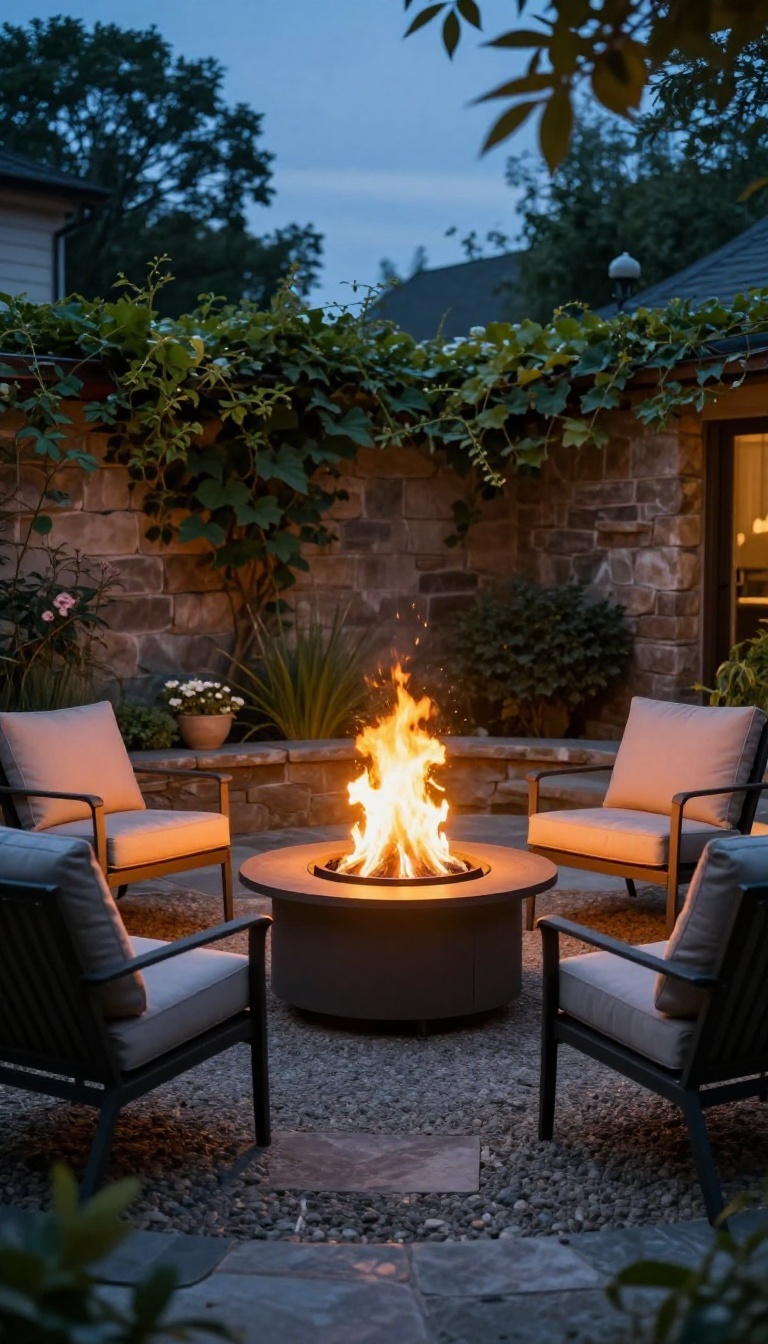 Cozy backyard courtyard with a glowing fire pit and chairs arranged in a circle for an evening gathering