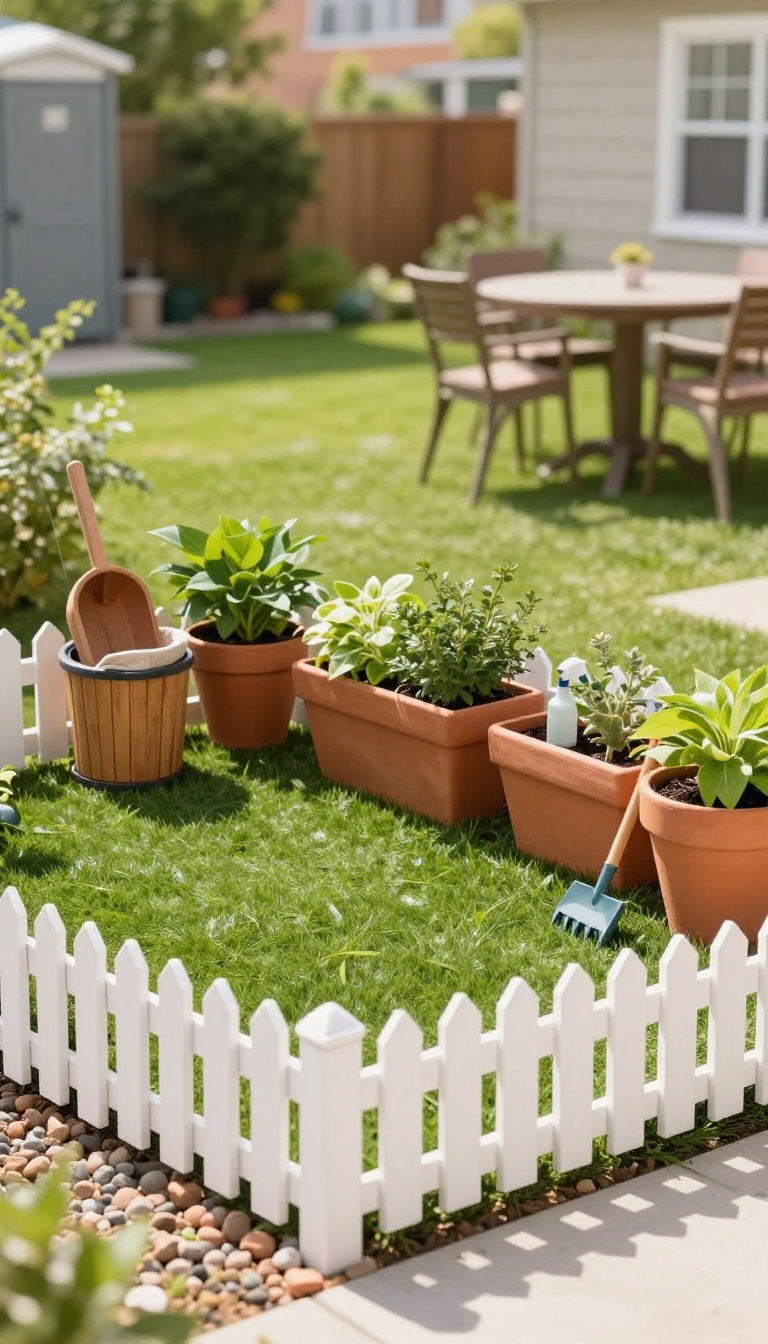Small pet-friendly potty and play corner in a townhome backyard with artificial turf, low picket fence, planters, and cleaning supplies in bright natural light