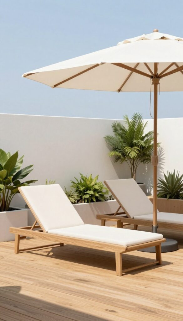 Freestanding umbrella with weighted base on a patio, providing portable shade over lounge chairs.