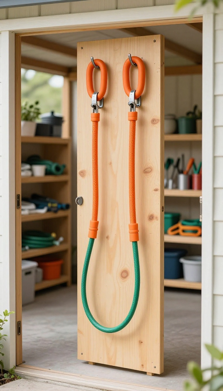 Heavy-duty wall hooks holding looped extension cords and a coiled garden hose inside a bright organized backyard shed