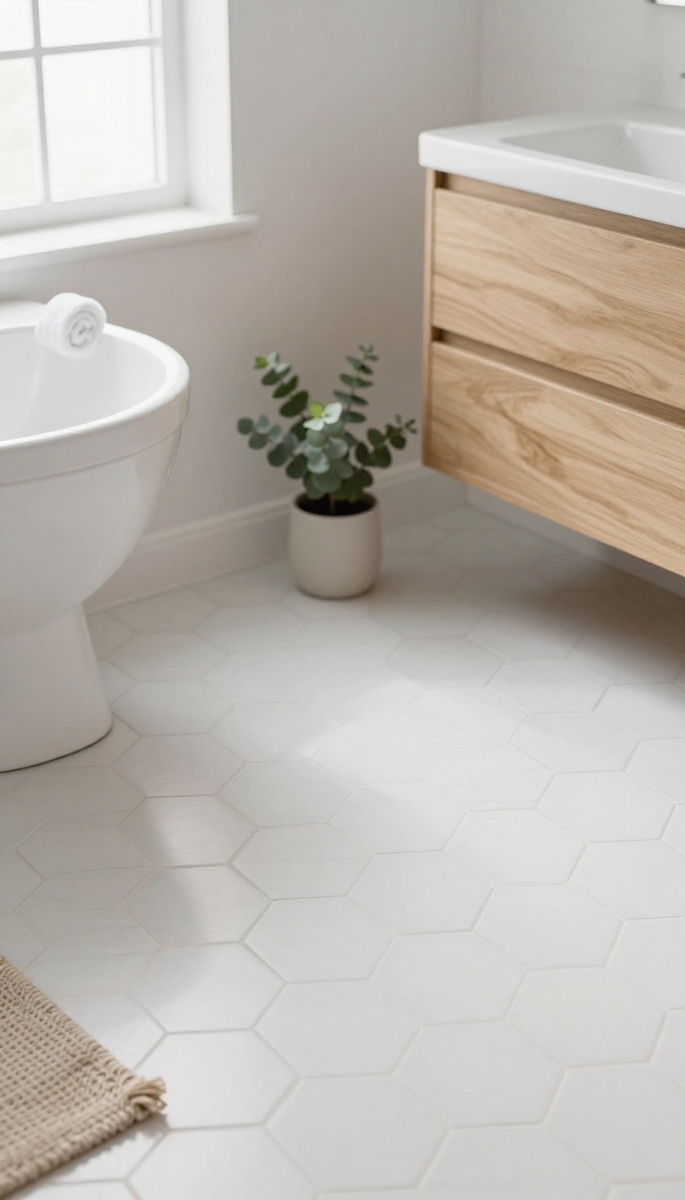 Small bright bathroom floor with white hexagon tiles and light gray grout in a clean, airy interior