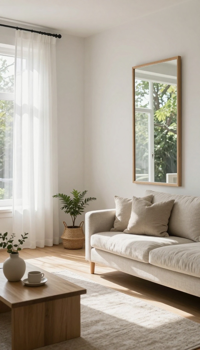 Large wood-framed mirror hung on a white wall opposite a bright window, reflecting daylight into a cozy neutral living room with a linen sofa and potted plant.
