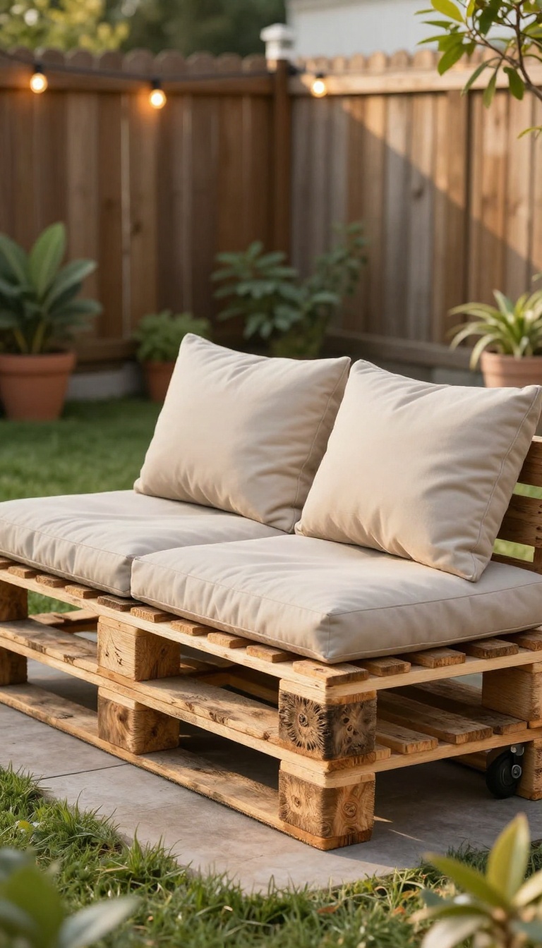 DIY pallet sofa with thick cushions and throw pillows in a small sunlit backyard with potted plants and a wooden fence