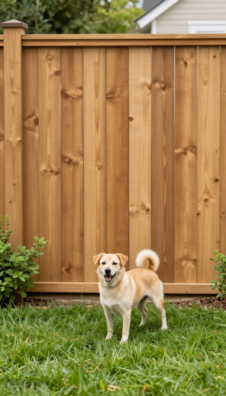 Tall vertical wood privacy fence in a sunny backyard with a dog standing on the grass