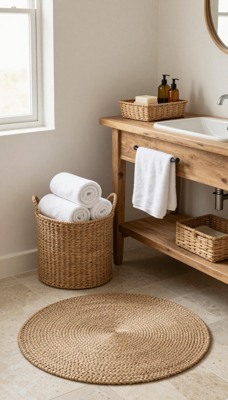 Rustic bathroom with a round jute rug and woven seagrass baskets adding natural texture