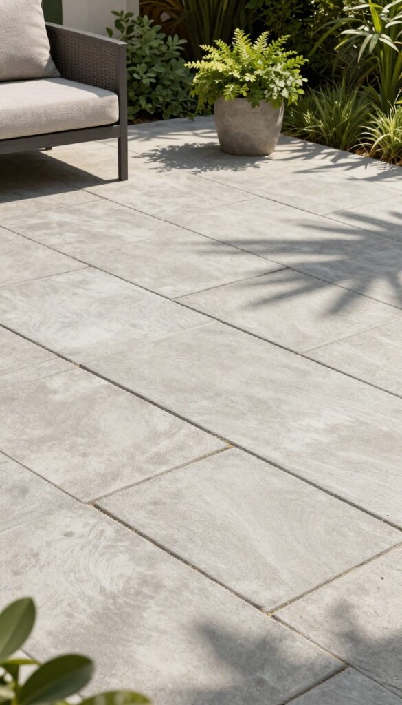 A bright, inviting patio made of classic concrete pavers in a herringbone pattern, surrounded by green grass and a potted plant, with a comfortable lounge chair.