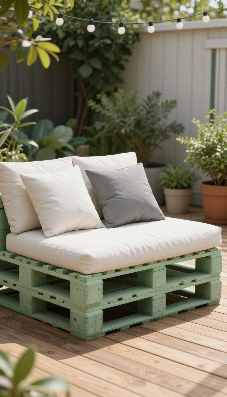 DIY pallet sofa with weatherproof cushions on a patio, styled with plants and string lights.
