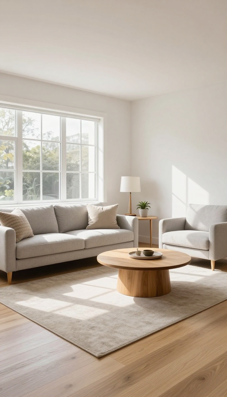 Bright living room with a light gray sofa angled at 45 degrees on a neutral rug, round coffee table, accent chair, and a console table tucked behind the diagonal couch
