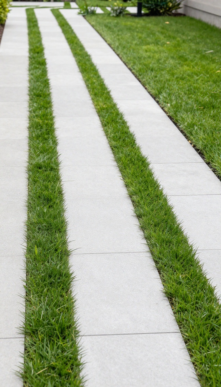 Modern backyard with parallel paver rows separated by narrow grass strips, creating a striped pattern in bright natural light.