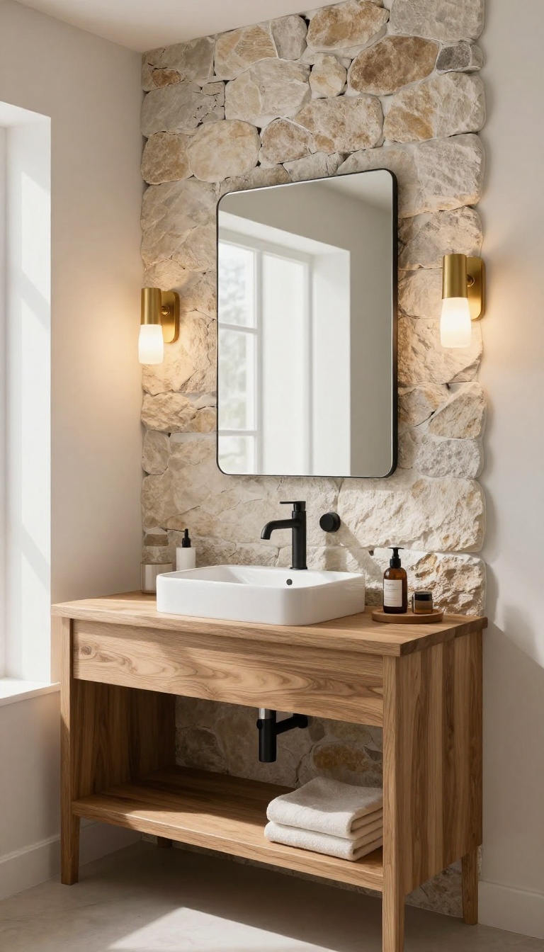 Modern rustic bathroom with a textured exposed stone accent wall behind a floating wood vanity and bright natural light