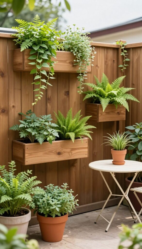 Small patio with vertical planters on a wooden fence, filled with greenery, no text, bright natural light.