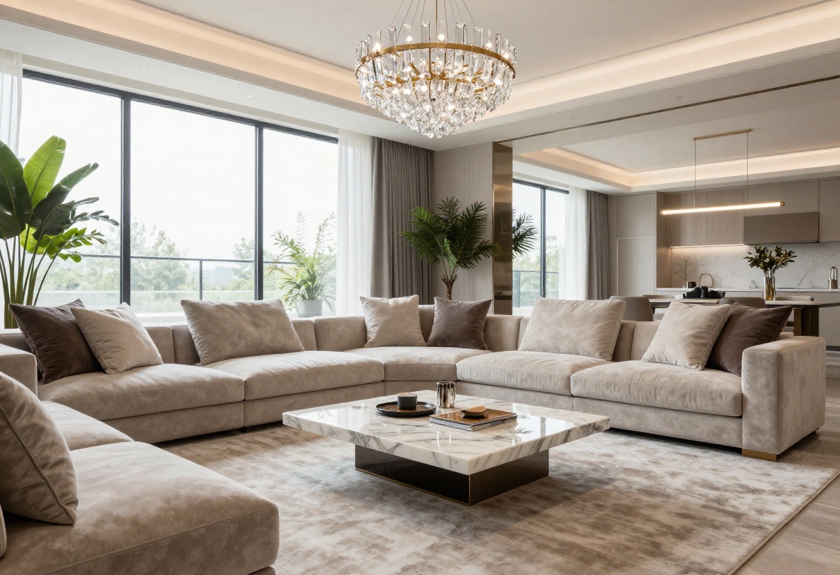 Modern luxury living room with a neutral sofa, marble coffee table, and elegant lighting.