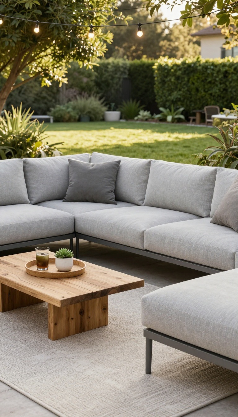 Cozy outdoor patio conversation zone with an L-shaped sectional sofa, coffee table, and outdoor rug in bright natural light
