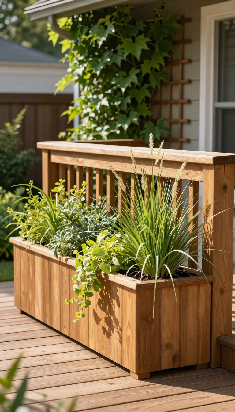Backyard deck with rail planters, a corner planter box, and a vine-covered trellis adding built-in greenery