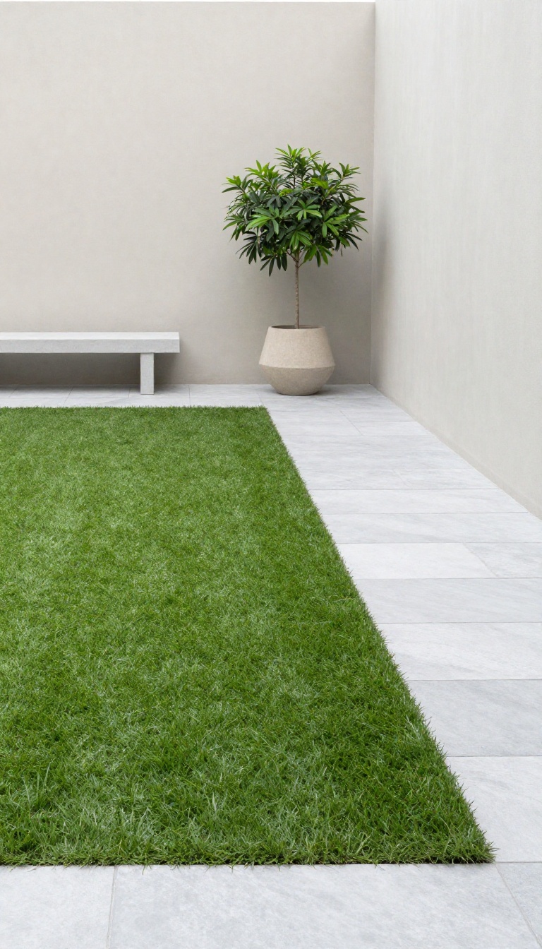 Modern minimalist courtyard with a square artificial turf panel bordered by large gray porcelain pavers in bright natural light