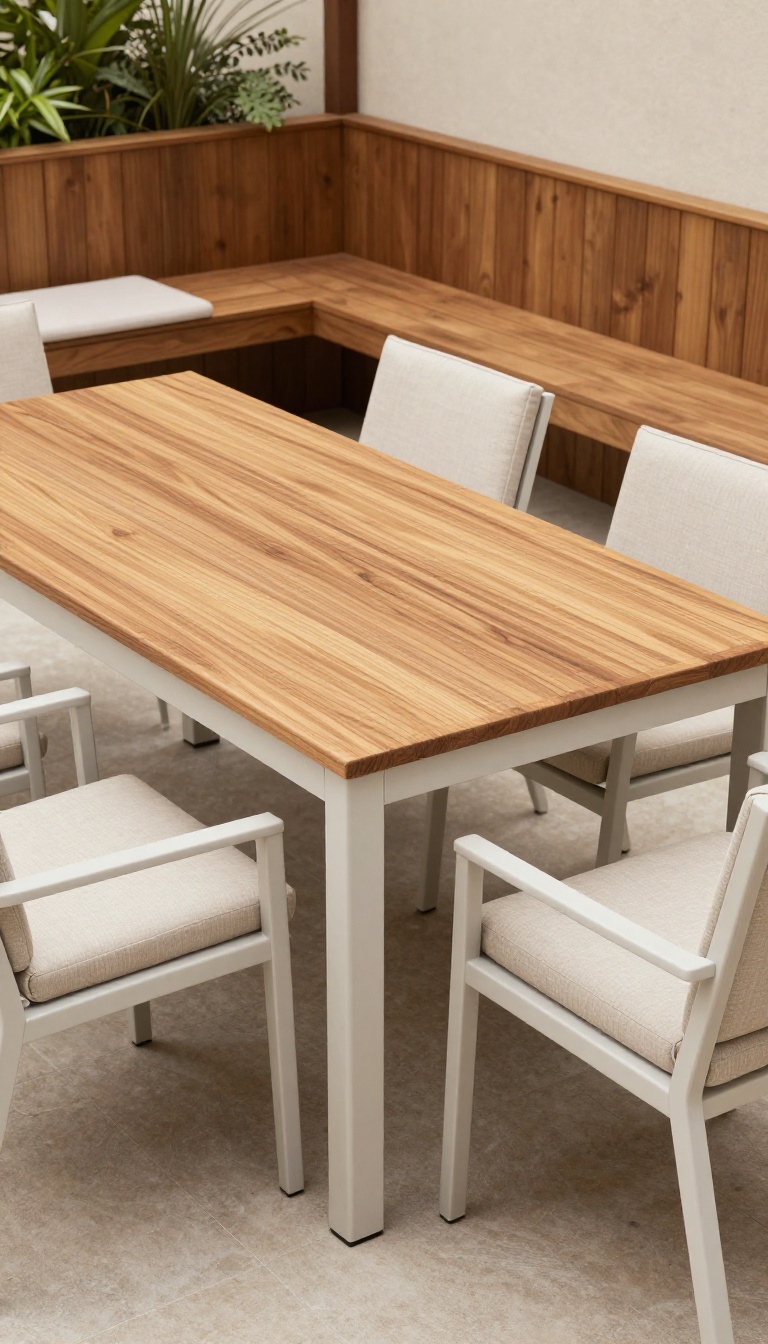 Extendable patio dining table with stackable chairs and bench in a bright outdoor setting