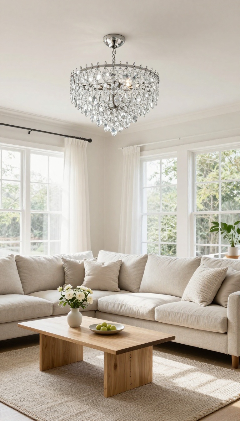 Reversible crystal chandelier mounted semi-flush to a low living room ceiling in a bright, airy modern space