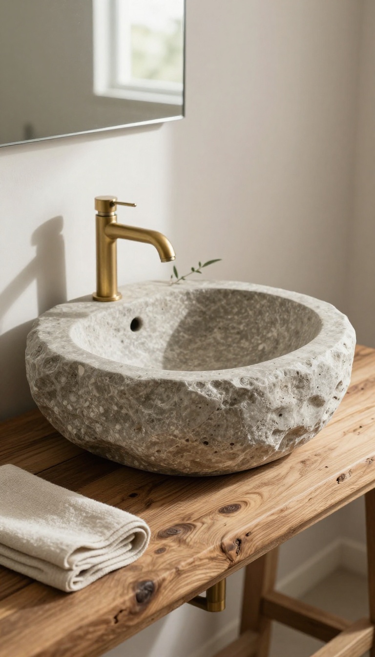 Rustic bathroom vanity with a natural river rock stone basin sink on a reclaimed wood countertop in bright natural light