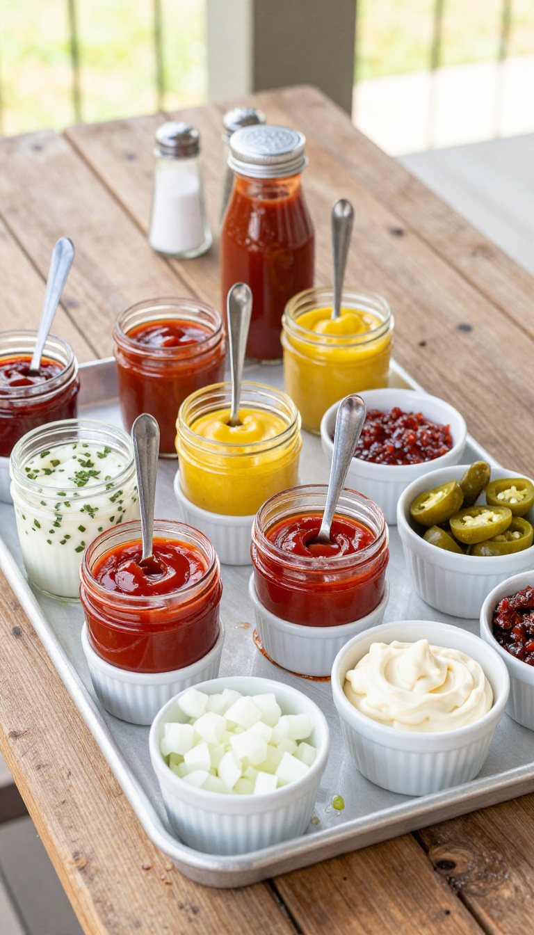 Backyard BBQ condiment bar with small bowls of sauces, pickles, onions, and jalapenos arranged on a wooden table in bright natural light