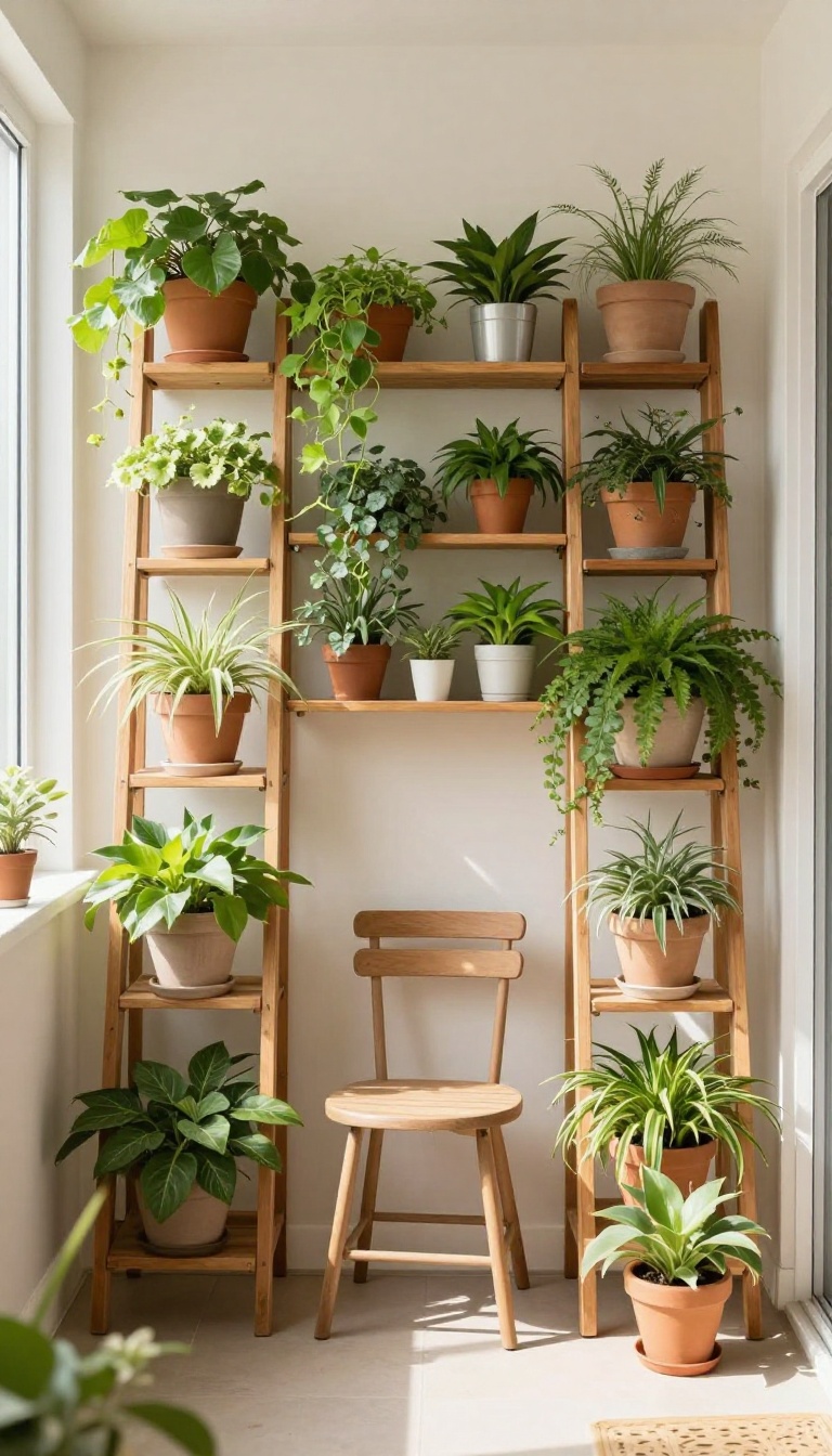 Vertical garden on a small apartment patio with plants on a ladder and wall planter, creating a green wall.