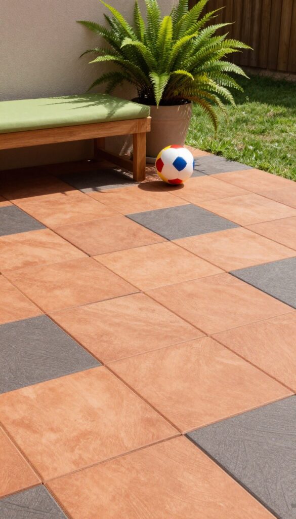 A patio floor made of interlocking rubber tiles in a terracotta and charcoal checkerboard pattern, with a bench, potted plant, and toy ball, in a sunny backyard.