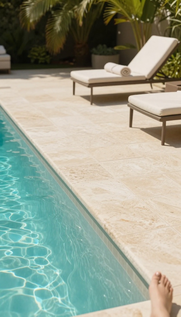 Light-colored textured travertine paver pool deck staying cool underfoot beside a bright backyard swimming pool