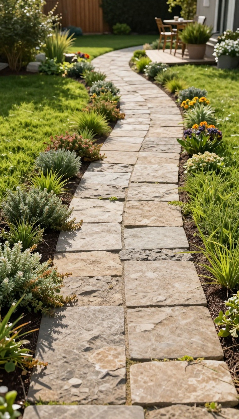 Curving backyard paver walkway with soft garden edging and low plants spilling over the stones