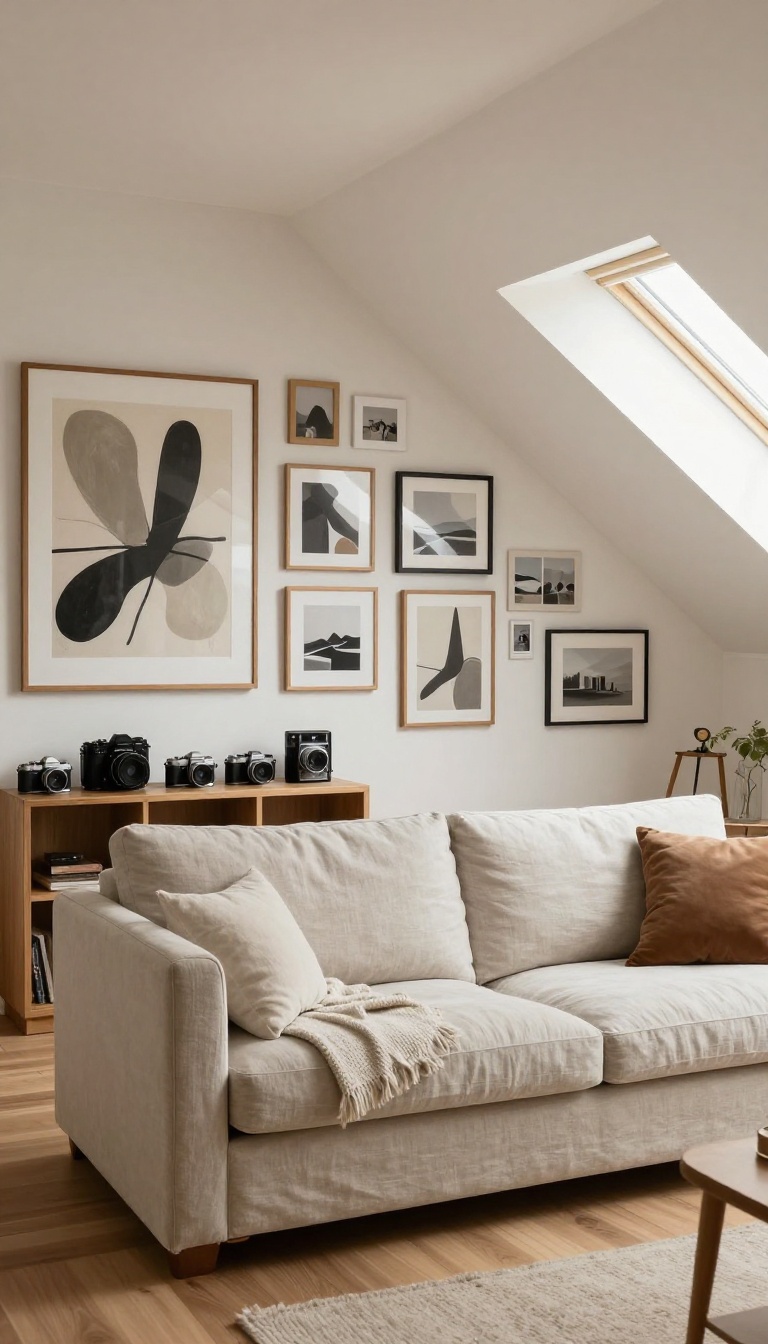 Attic living room with sloped ceilings decorated with a gallery wall of framed art and personal objects, lit by natural light from a dormer window