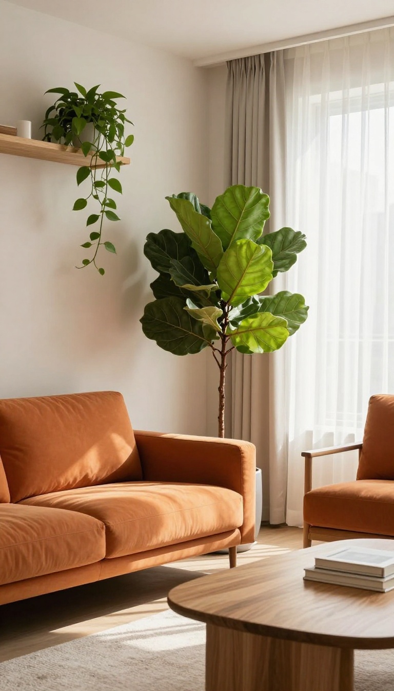 Bright living room with a bold orange couch styled with a tall fiddle leaf fig and trailing pothos plants in natural light